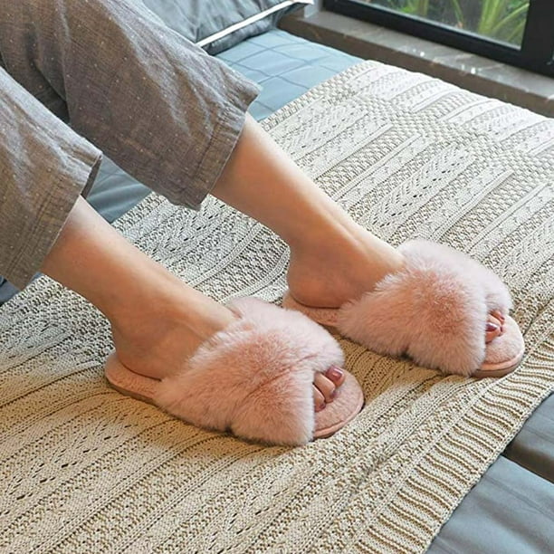 Slippers for Women, Open Toe Fuzzy Fluffy House Slippers Cozy Memory Foam  Anti-Skid Plush Cross Furry Slippers Indoor Outdoor 36-37 Pink 