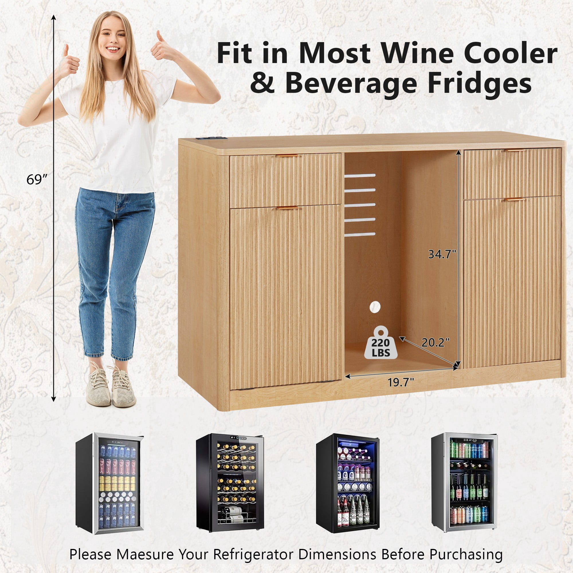 Mintazer 59" Fluted Coffee Bar Cabinet with Fridge Space & Tilt-Out Trash Cabinet, Sideboard with Charging Station and Wine Glass Holder & Adjustable Shelves for Kitchen Dining Living Room, Natural