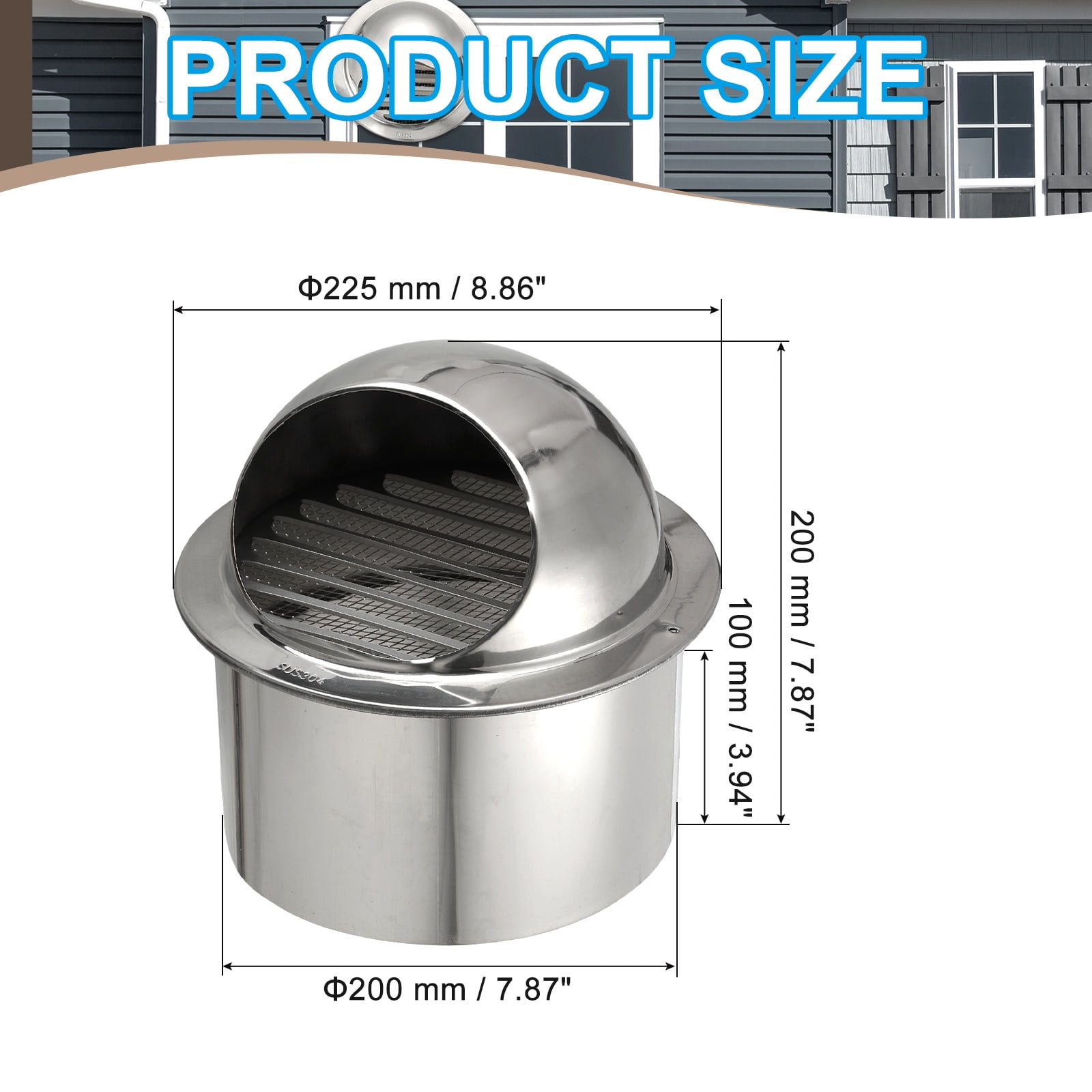 Uxcell 8" Round Soffit Air Vents, 4" Length 304 Stainless Steel Louver Grille Vent Cover for Kitchen Bathroom Ventilation, Silver