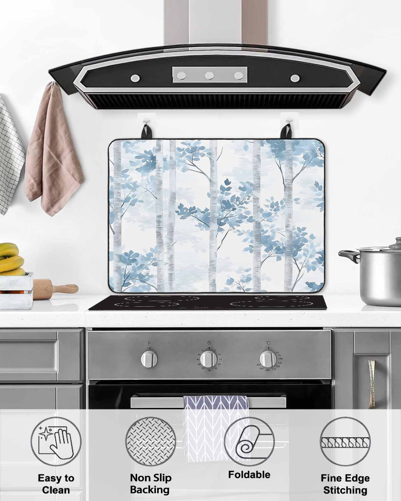 nqOlkjepod Large Induction Cooktop Protector Mat 36"x21", Blue Grey Leaves Stove Top Covers for Electric Stove, Vintage Forest Branches Decorative Stove Burner Cover Mats, Glass Top Stove Cover