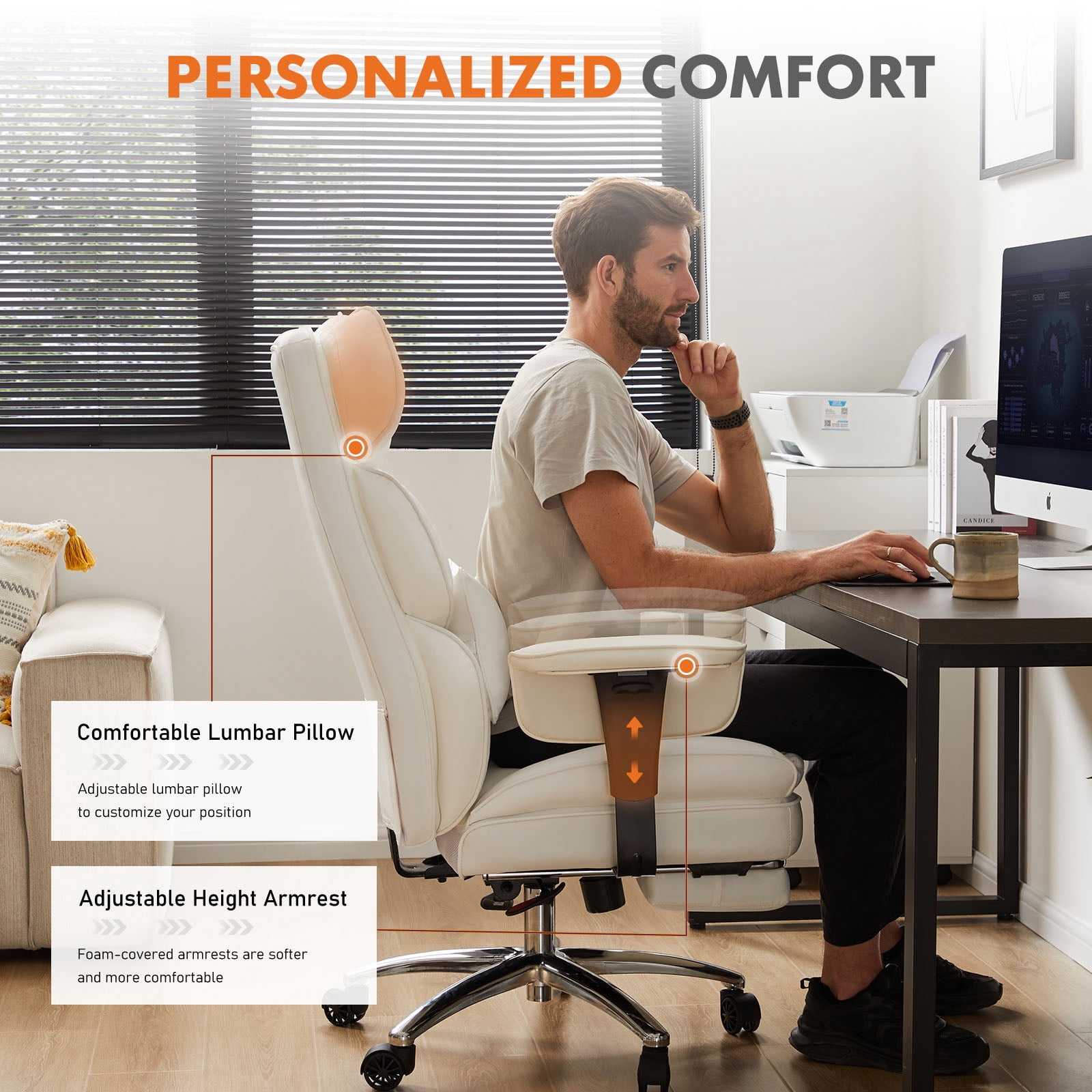 GIANNA Executive Home Office Desk Chair Ergonomic Big Tall High Back with Footrest & Lumbar Support, Reclining Height Adjustable Comfy PU Leather Computer Gaming with Swivel Wheels, White