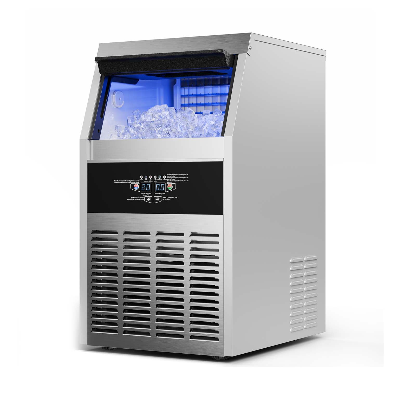 KFFKFF Commercial Ice Maker Machine, 150 lbs/24h Output with 30 lbs Storage, Built-in or Freestanding Design, Stainless Steel Ice Maker with LED Control Panel & Self-Cleaning Function, Ideal for Home