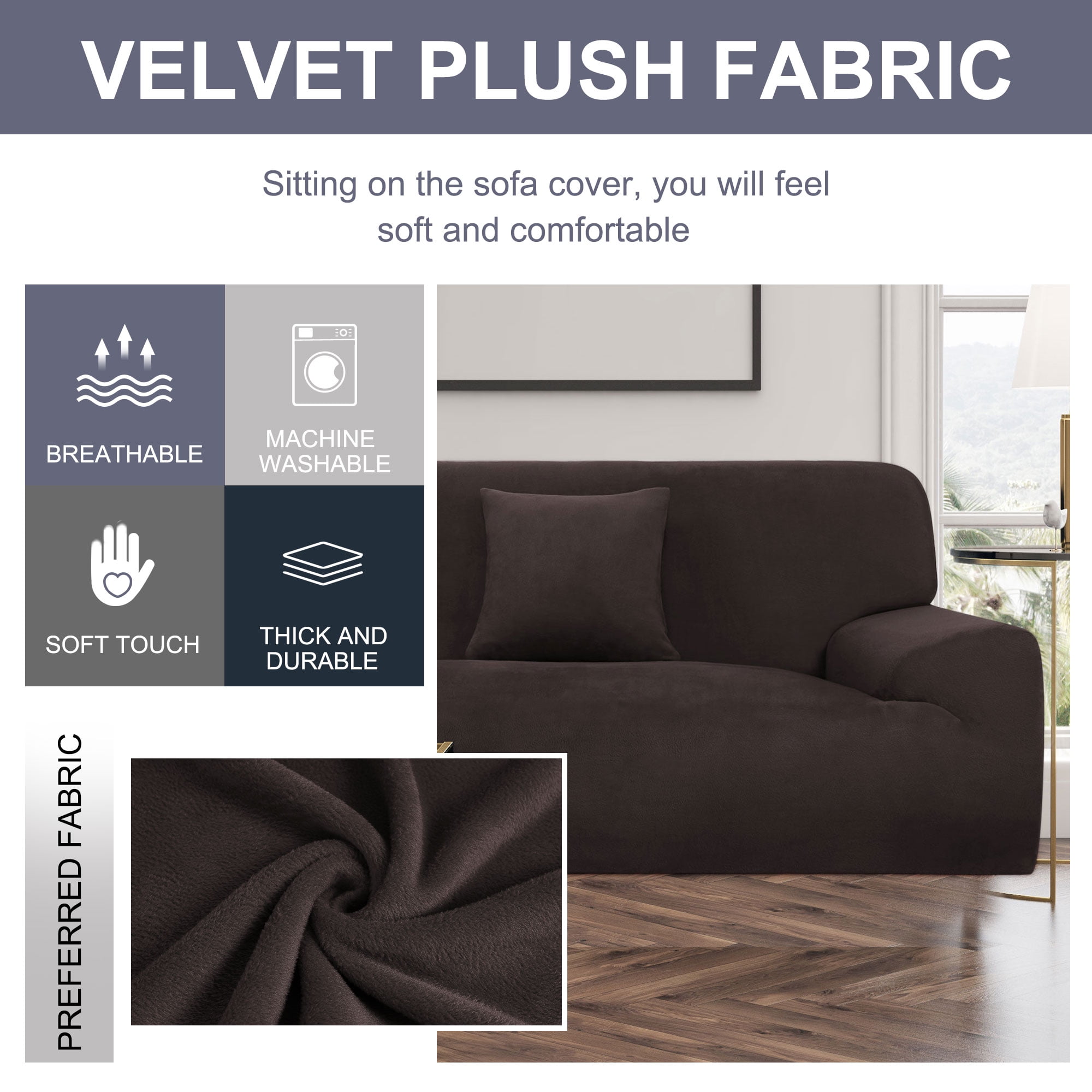 PiccoCasa Velvet Plush Stretch Sofa Slipcover with Cushion Cover, Coffee Color Medium
