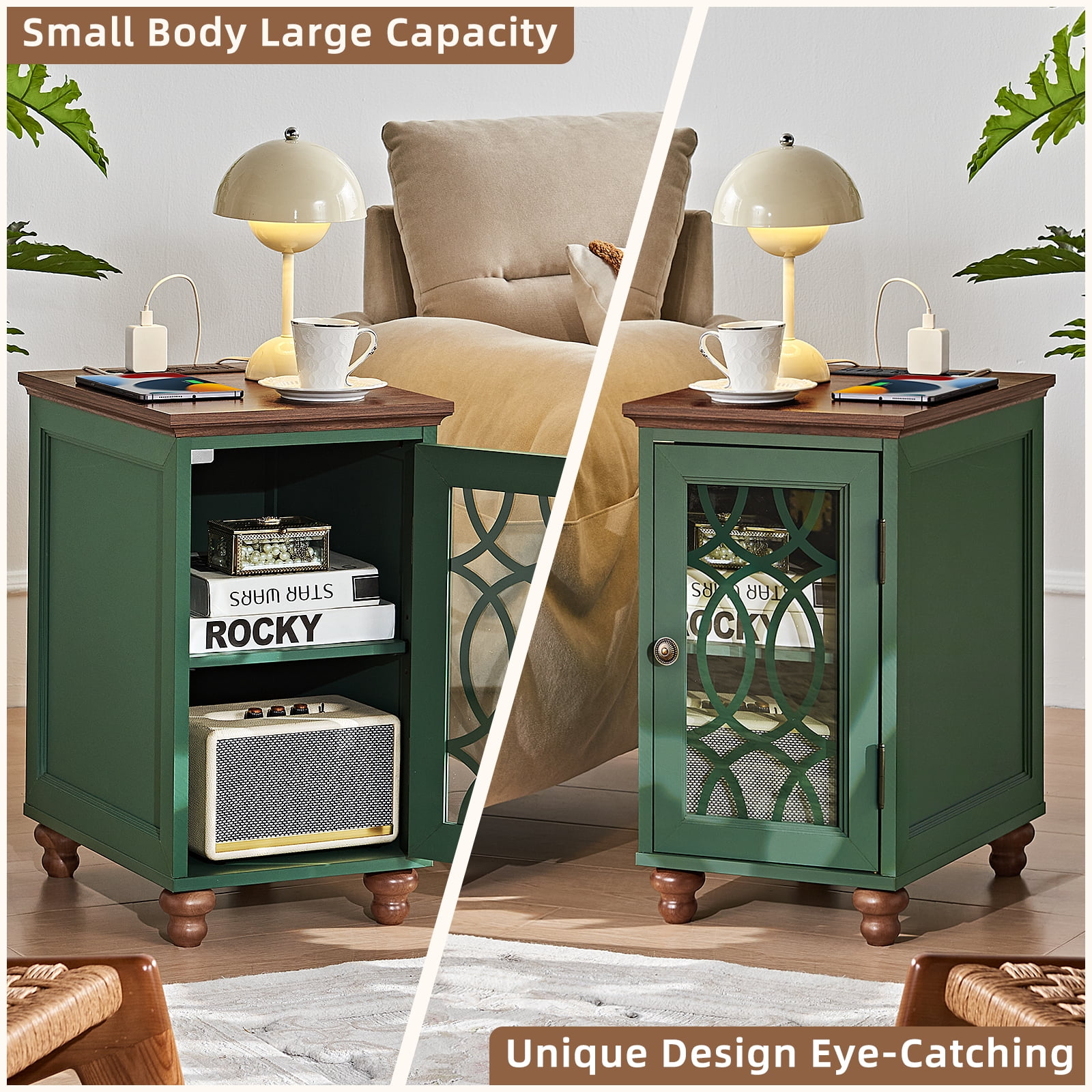 Modern Bedside Table Set for Small Spaces - 2 Narrow Nightstands with Charging Station, Glass Door & Adjustable Storage, Green