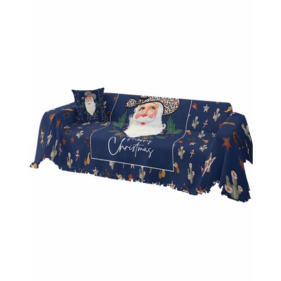 Navy Blue Santa Christmas Sofa Couch Covers for 3 Cushion Couch, Washable L Shape Sectional Sofa Covers for Loverseat/Pets/Kids, Western Cowboy Xmas Botanical Slipcover Blanket Futon Cover 71''x134''