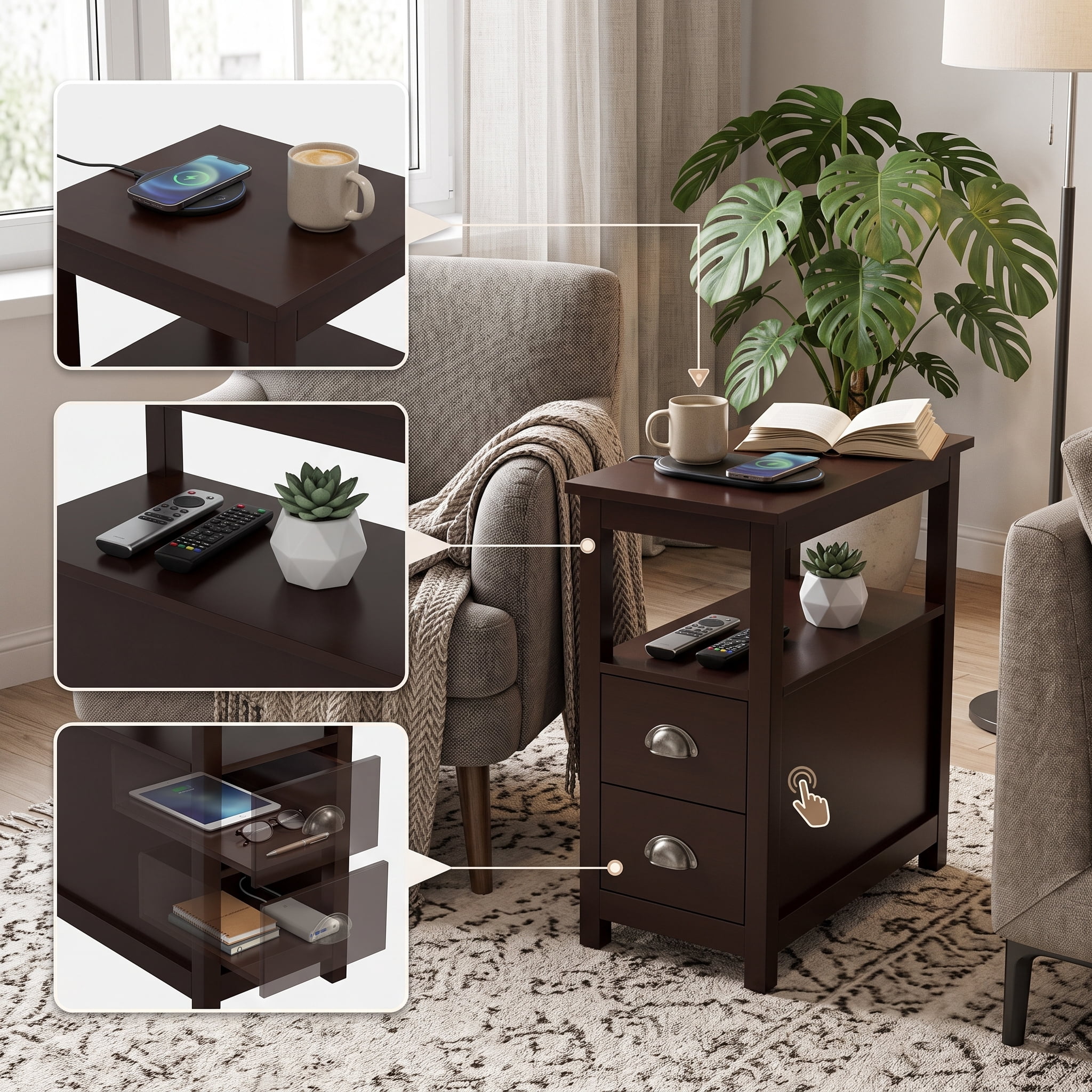 Side Table with 2 Drawers and 2 Shelves 15.7x13.8x21.3 Inch Pine Wood Legs for Living Room Bedroom