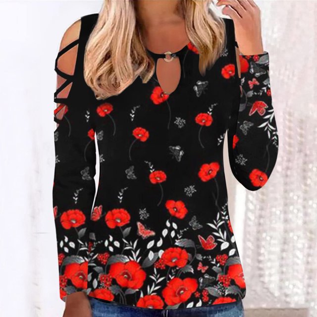Puntoco Mujeres Moda Casual Imprimir Cuello Redondo Suelto Manga Larga Camiseta top Blusa Pullover Puntoco Puntoco-1584