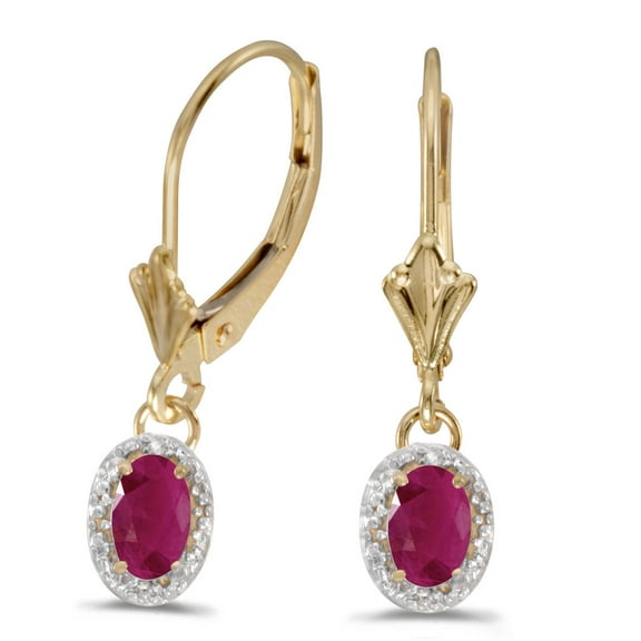 14k Yellow Gold Oval Ruby And Diamond Leverback Earrings