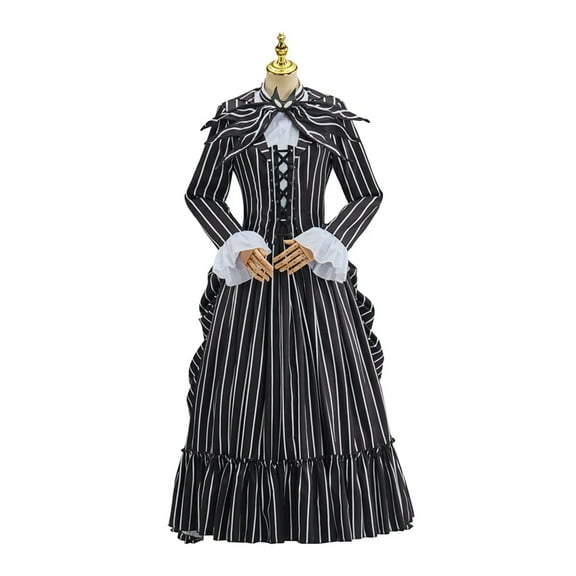 Women Gothic Steampunk Black Striped Rococo Dress Skellington Costume