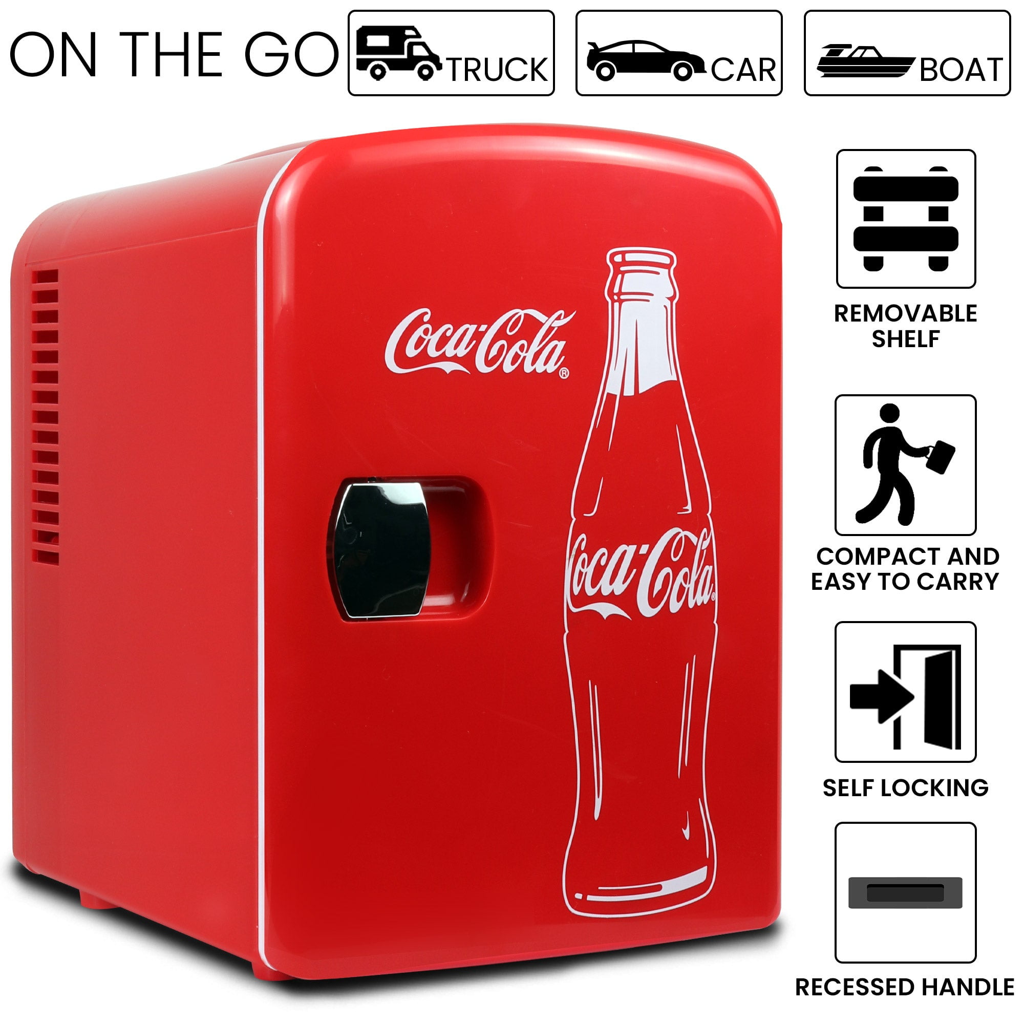 Coca-Cola Classic 4L Mini Fridge, Portable Cooler for 6 Cans, Includes 12V DC & 110V AC Cords, Red Bottle Design, for Home, Office, Dorm, Travel