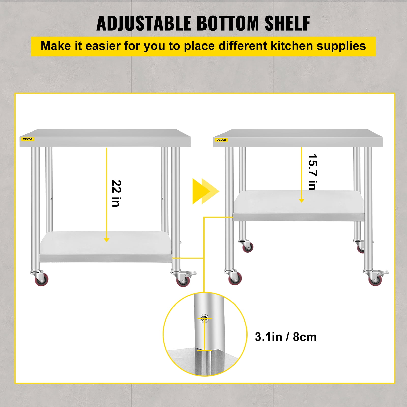 VEVOR Stainless Steel Work Table / Commercial Prep Table 30×36×34 inch;Stainless Steel;3‑Stage Adjustable Shelf;4 Wheels 2 with Brake;220 lb Capacity