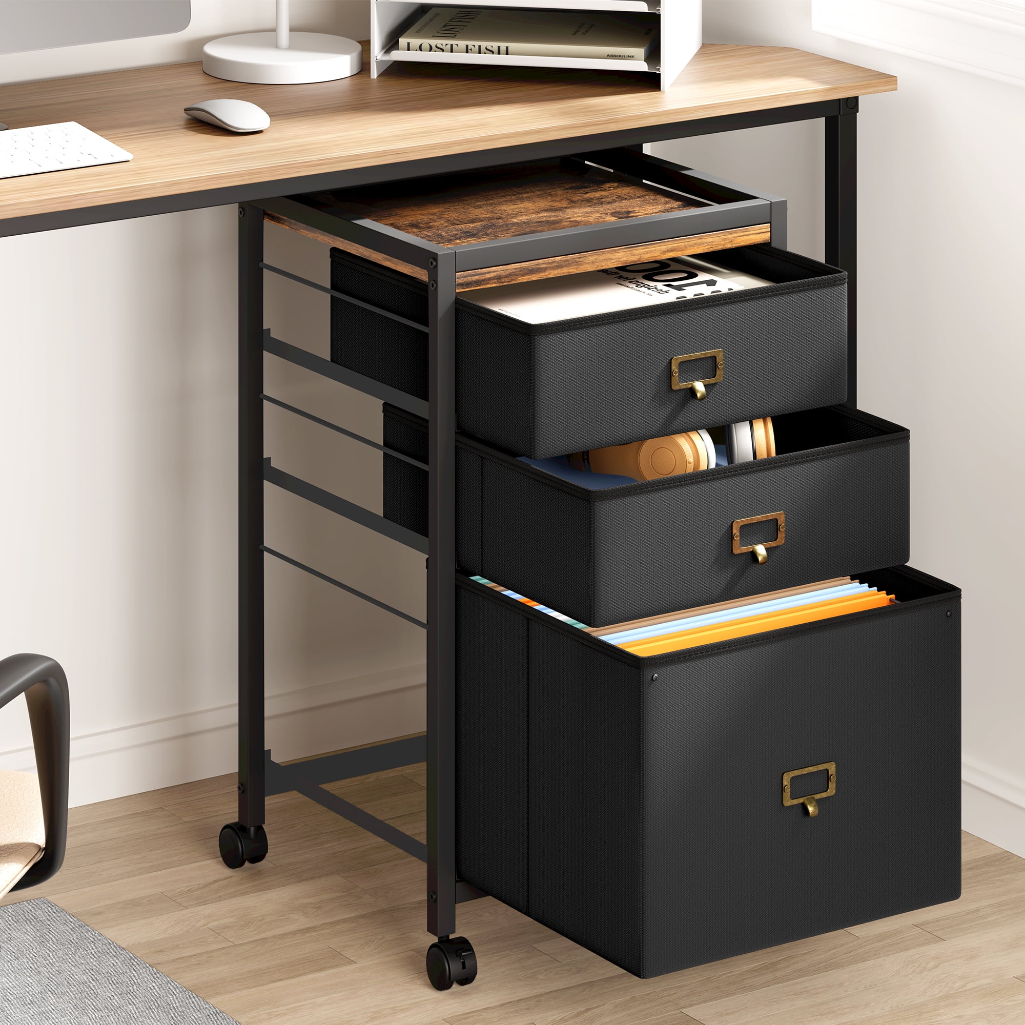 3 Drawer Mobile File Cabinet,Home Office File Cabinet,Fabric Vertical File Cabinet with Open Storage Shelves,Fits A4 or Letter Size Printer Stand,For Home Office Black