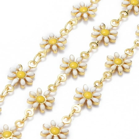 3.28 Feet Handmade Brass Enamel Link Chains Soldered Long-Lasting Plated Golden Daisy White 12.5x7.5x2mm
