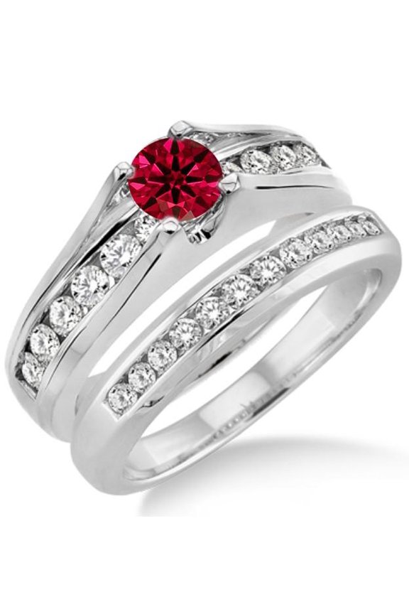Extraordinary Fantastic Mind Blowing Moissanite Diamond 2 Carat Round Cut Red Ruby Bridal Set on 10k White Gold