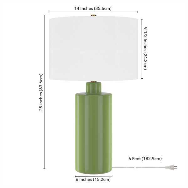 Selina 25" Tall Ceramic Table Lamp with Fabric Shade in Tarragon Green/White