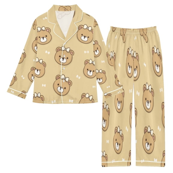 DIXRUYEE Satin Pajama Set Teddy Bear Pattern Parade Printed