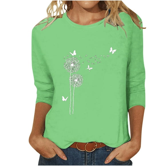 YanHoo 3/4 Sleeve Shirts for Women Tshirts Women Graphic Tees Vintage 3/4 Sleeve Dressy Casual Party Top 3/4 Sleeve Crewneck Loose Fit Top,Green,XL