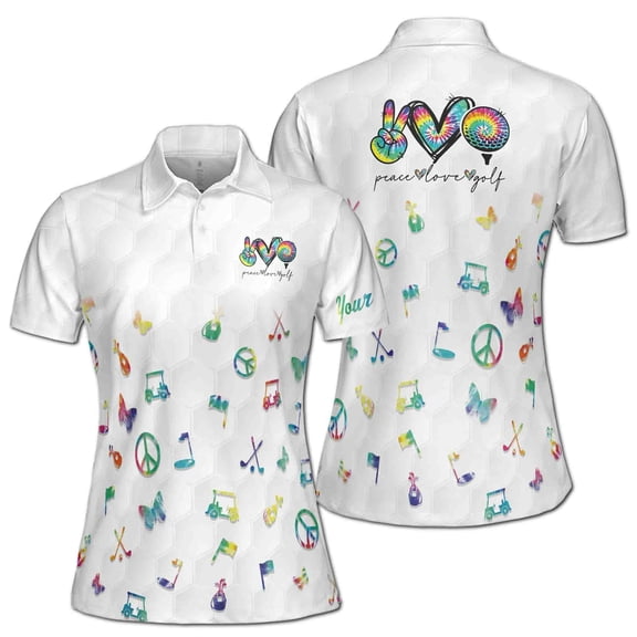 Custom Name Colorful Watercolor Peace Love Golf Women's Polo Shirt S-5XL