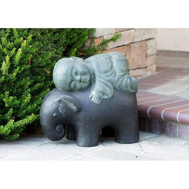 Shaolin Monk on Elephant Buddha Zen Garden Statues Good Luck Elephant