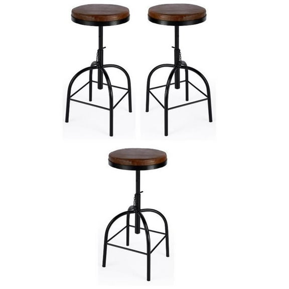 Home Square Leather Adjustable Bar Stool in Brown - Set of 3