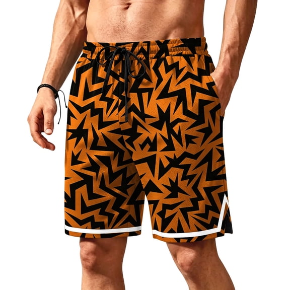 Satingcolo Mens Trunks Mesh Graphic Print Shorts Casual Mid Waist Workout Cool Athletic Shorts Gym String Basketball Running Shorts Saffron 3XL