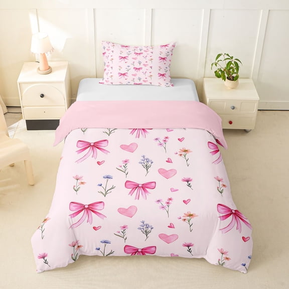 Erosebridal Princess Bow Girls Twin Bedding, Spring Flower Duvet Cover Set, Pink Reversible, 2pcs, No Comforter