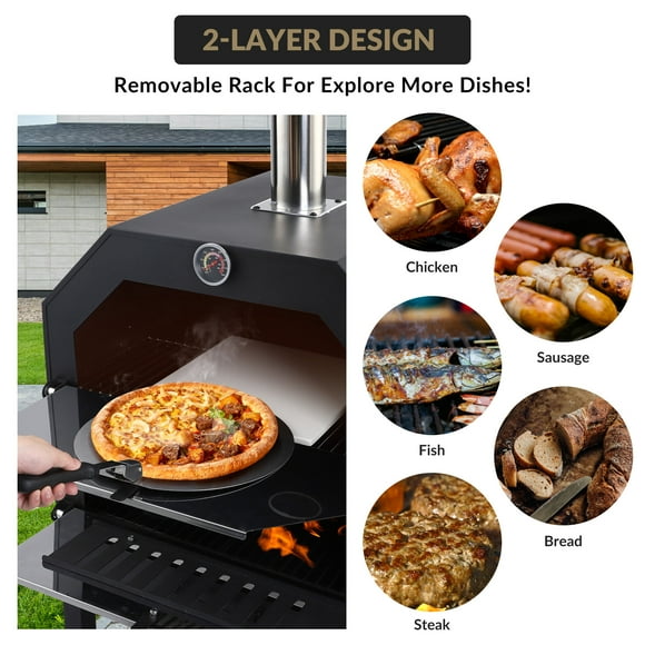 GloryStar Backyard Wood Fired Pizza Oven, Outdoor Portable Pizza Maker with Pizza Stone, Peel, Grill Rack, Wheels and Waterproof Cover for Camping