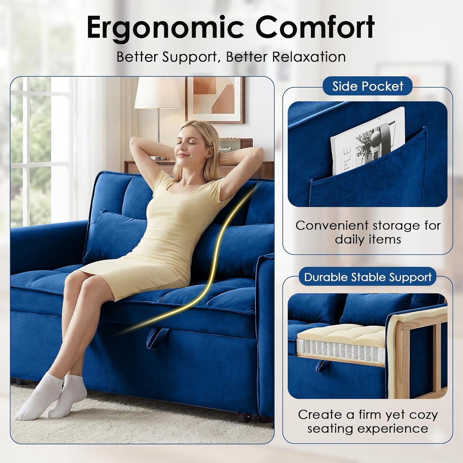 55" 3-in-1 Convertible Loveseat Sleeper Sofa, Velvet, with Pull-Out Bed, Reclining Backrest and Side Pockets, Blue