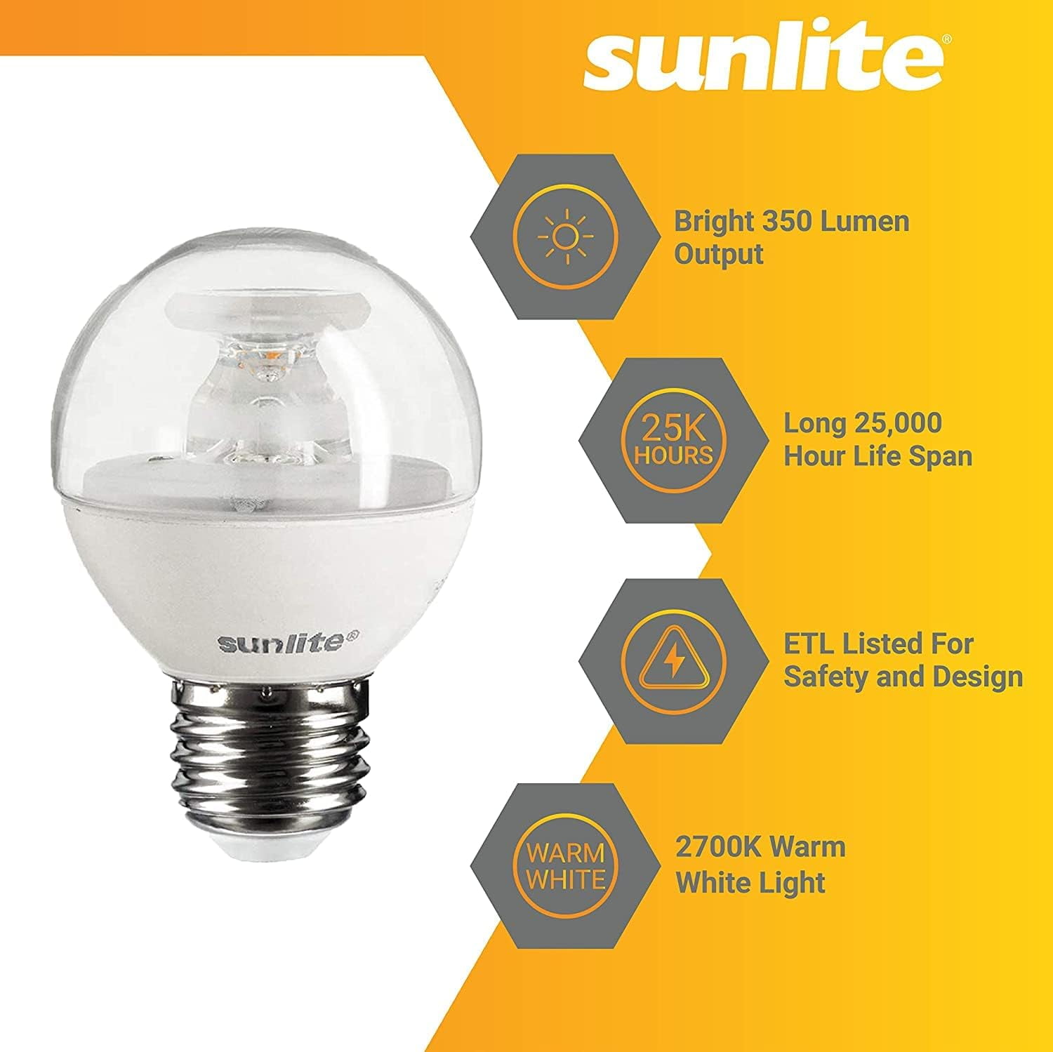 Sunlite LED G16 Globe Light Bulb, 5 Watts (40W Equivalent), Medium E26 Base, Dimmable, Clear, UL Listed, 2700K Warm White, 6-Pack