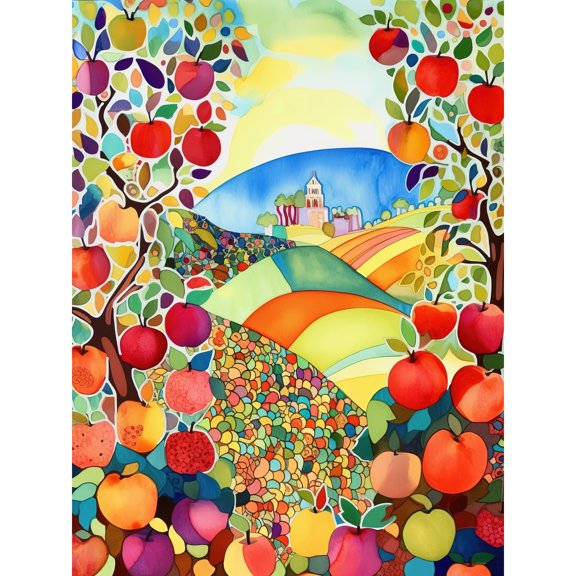 Apple Tree Orchard Fields In Summer Modern Folk Art Landscape Watercolour Painting Large Wall Art Poster Print Thick Paper 18X24 Inch