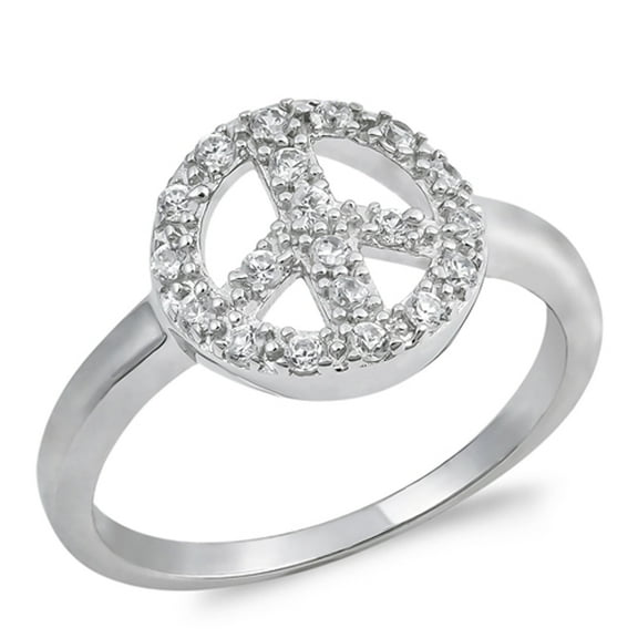 Clear CZ Peace Sign Love Pave Halo Ring .925 Sterling Silver Band White Jewelry Female Size 7