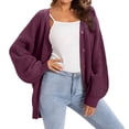 thumbnail image 2 of Women Chunky Knit Cardigan Long Sleeve V Neck Button Up with Pocket Sweater Coat for Fall and Winter Purple XXXL, 2 of 8