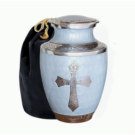 Cremation Urn for Human Ashes, Adult Sized Handmade Aluminium Urn with Cross Engraving, 200 Cubic Inches