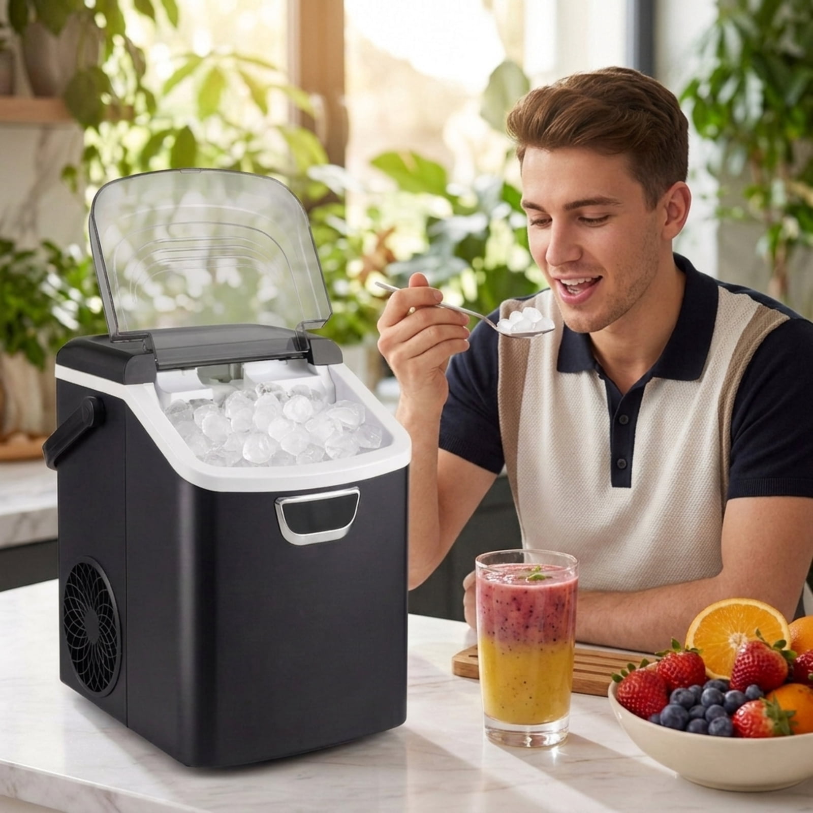 RUIE Nugget Ice Maker Countertop 33 lbs/Day, Soft Chewable Pellet Ice Machine with Ice-Full Alarm for Home Kitchen Bar Office, Portable, Black