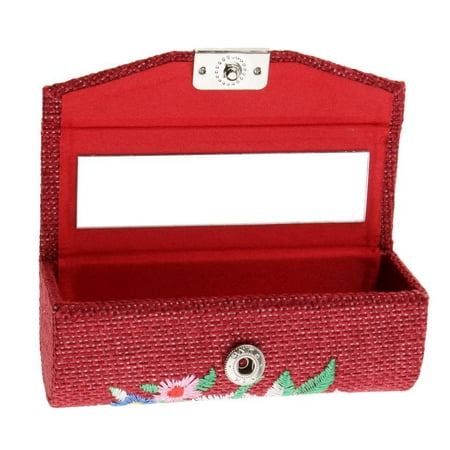 Lipstick Case Holder Storage Box Mirror Embroidered Flax Red