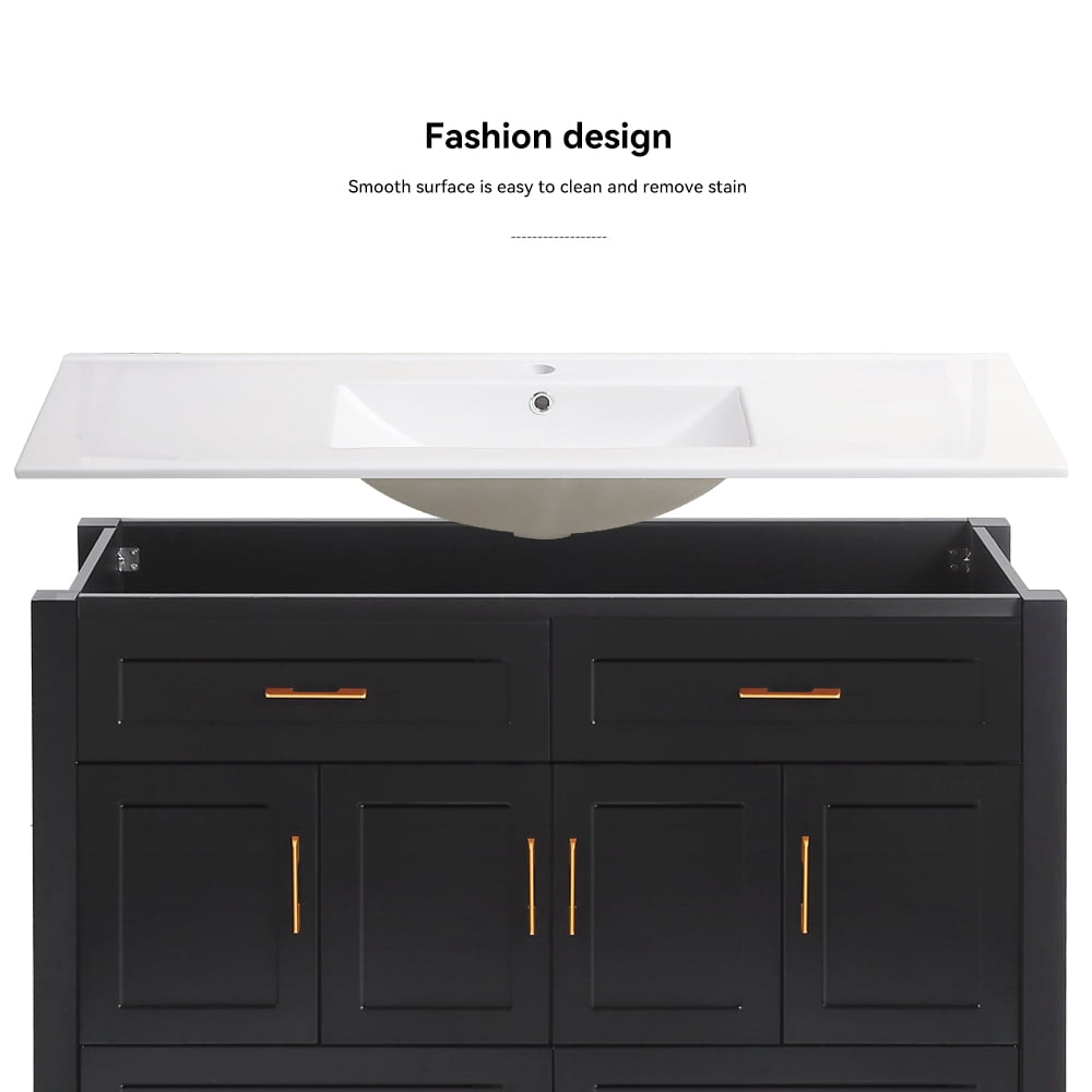 48" Black Bathroom Vanity with Sink, Solid Wood Cabinet, 4 Doors & 4 Drawers, Soft Close, Modern Storage Vanity Combo