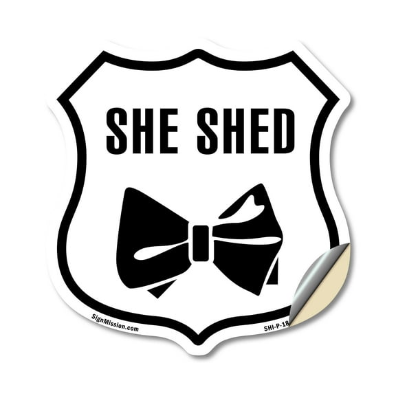 She Shed (5 Pack) 6 inch X 6 inch Shield Shaped Heavy Duty 3.2 mil Vinyl Decals Weather Resistant Made in the USA