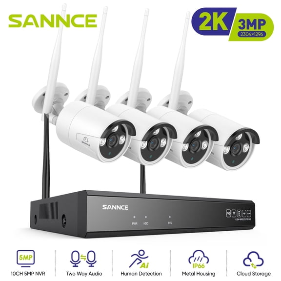 SANNCE 4PCS 3MP H.265  Wireless Wi-Fi Security Camera System, 100ft Night Vison, IP66, Remote Monitoring, NO HDD, Human Detecti, 5MP 8CH NVR Two-Way Audio Recording and 3MP Bullet Cameras