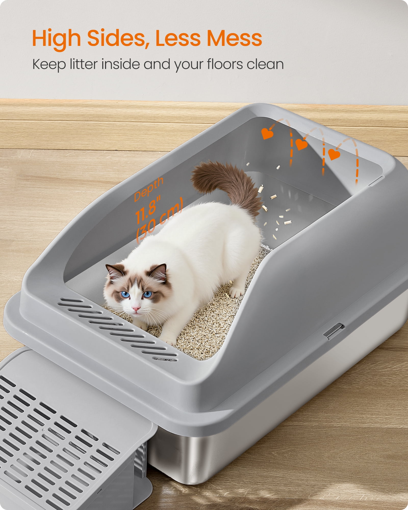Stainless Steel Cat Litter Box, High-Sided Open Top Litter Tray with Step & Scoop, for Cats up to 33 lb, Slate Gray