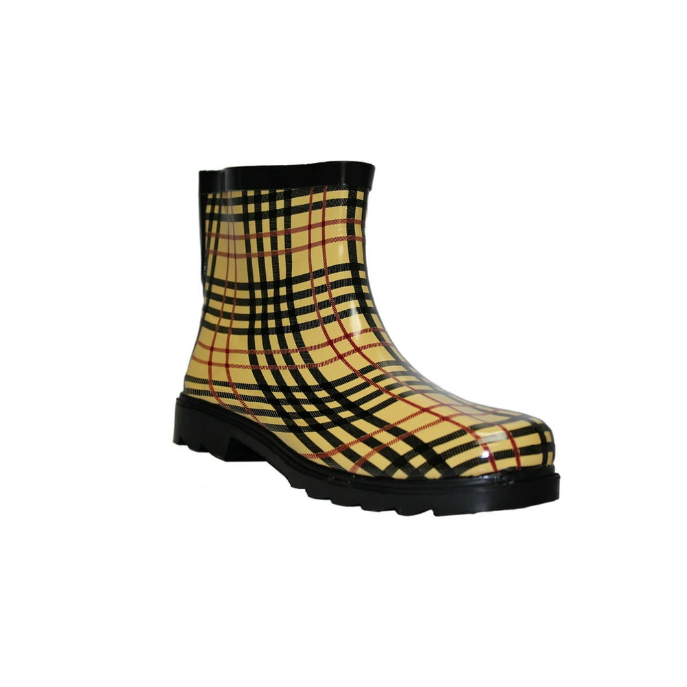tan plaid rain boots