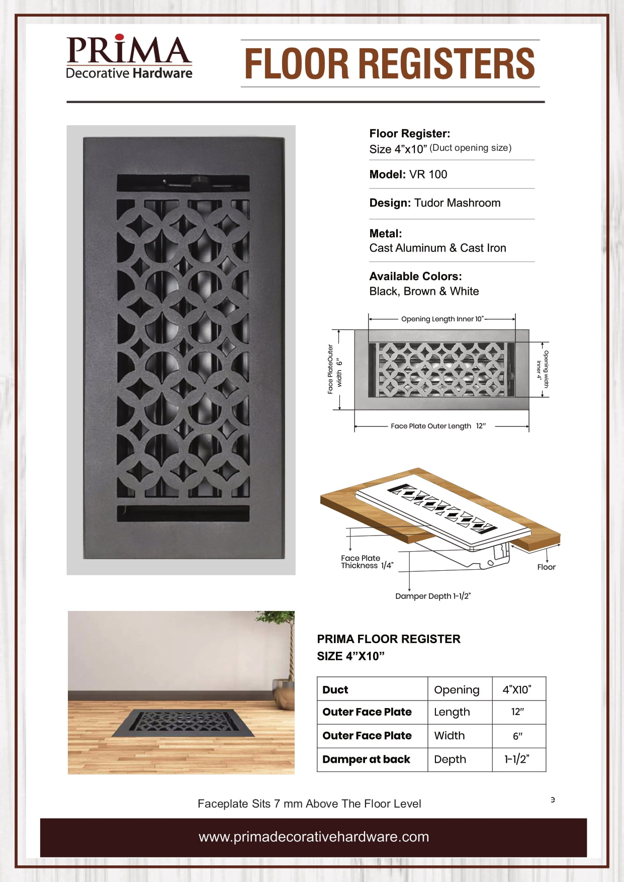 Cast Aluminum Floor Register 4X 10 VR-100