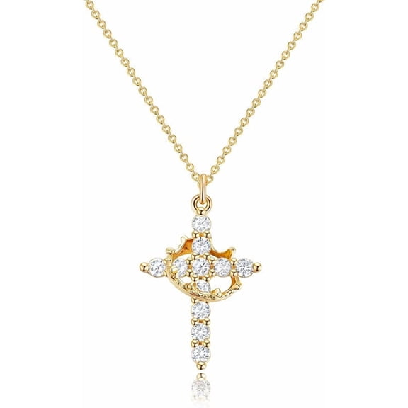 Wrongduck 14K Gold Plated Crown Cross Necklace for Women, Non-Tarnish Hypoallergenic Faith Pendant with Cubic Zirconia, Adjustable Christian Religious Gift Jewelry
