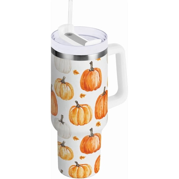 30 oz Tumbler with Lid and Straw Fall Pumpkin Leaf Water Bottle Insulated Cup with Handle, Stainless Steel Water Cup Fits in Car Cup Holder
