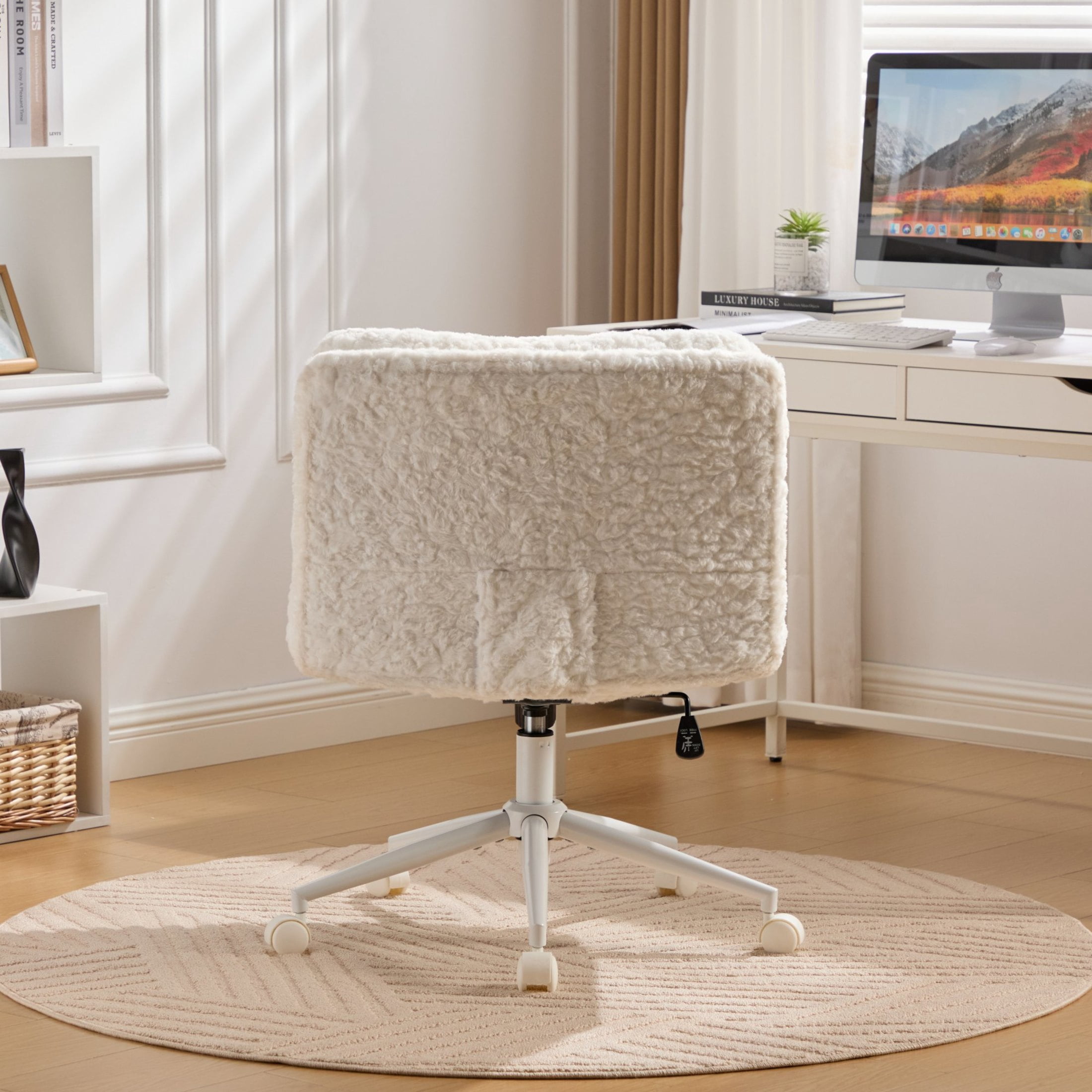 GDF Studio 26.4"W Seat Office Chair with Faux Fur Upholstery, Adjustable Height, Swivel Metal Base, Cream