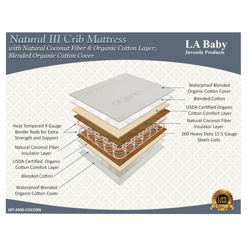 Blended Organic Cotton Cover LA Baby Natural III Crib Mattress with Natural Coconut Fiber & Organic Cotton Layer 