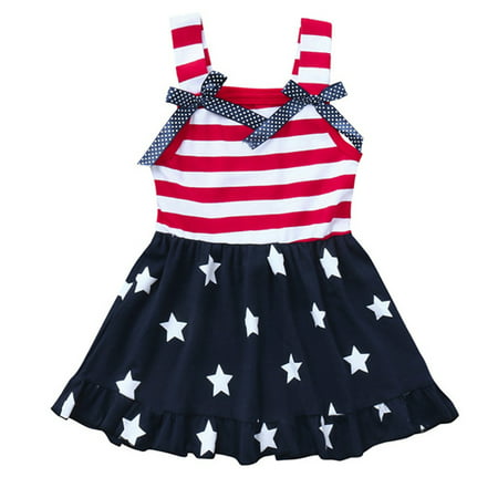 Baby Girls 4th Of July Dress Sleeveless USA Flag Stars Stripes Swing Dress Outfits