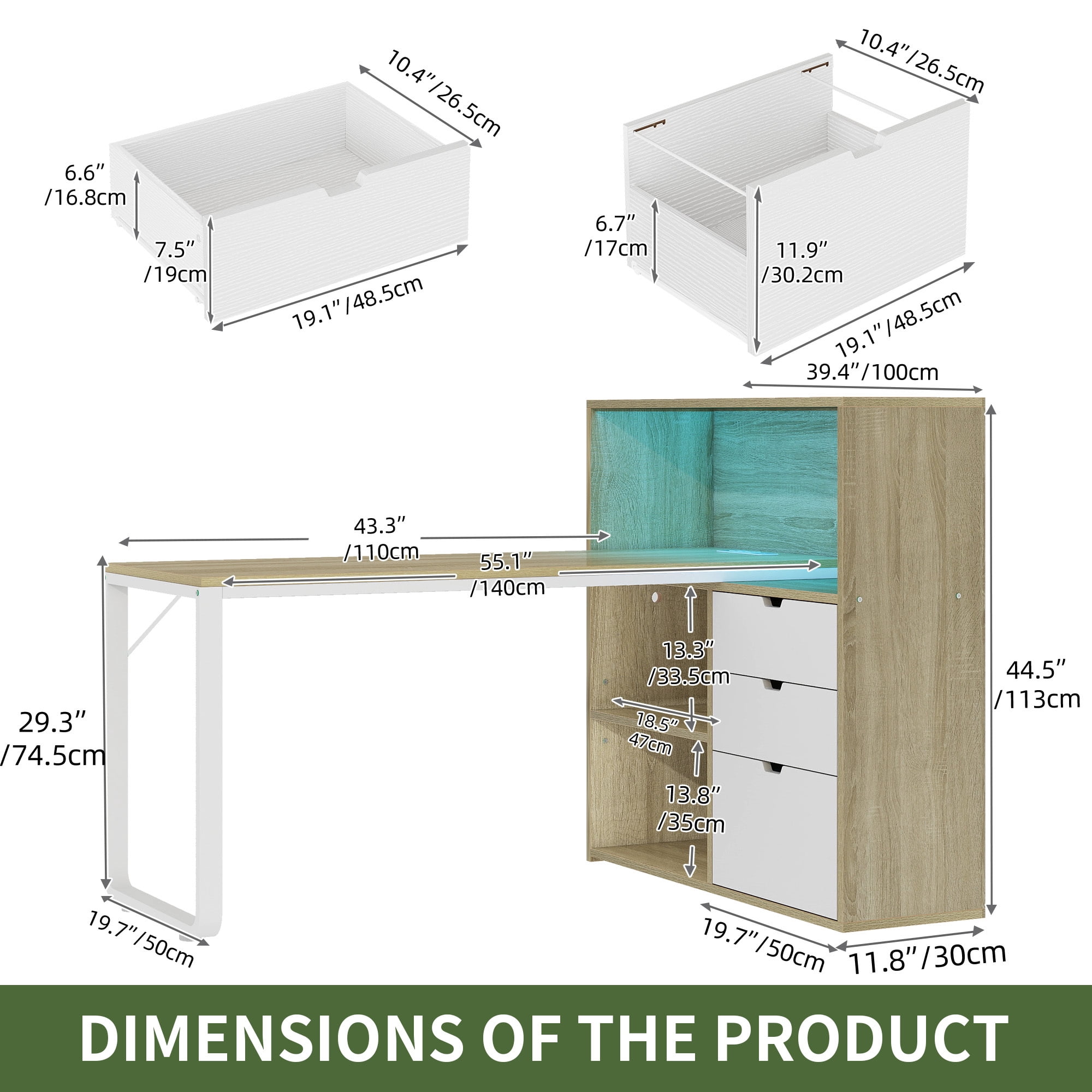 Uforic  55" Corner L Shaped Desk with Power Outlets & LED Lights & File Cabinet, 3 Drawers & 3 Storage Shelves, Home Office Desk with Bookshelf, White& Oak