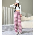 thumbnail image 1 of Pantalones a cuadros de seda de hielo Pantalones rectos verticales de verano para mujer Pantalones de pijama holgados de color rosa Pantalones anchos a cuadros de cintura alta y finos, 1 of 5