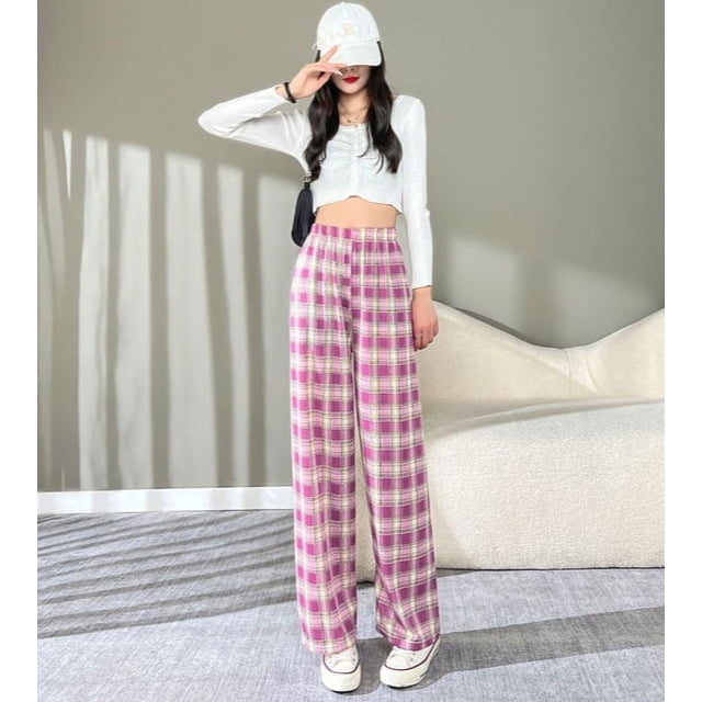 Pantalones a cuadros de seda de hielo Pantalones rectos verticales de verano para mujer Pantalones de pijama holgados de color rosa Pantalones anchos a cuadros de cintura alta y finos