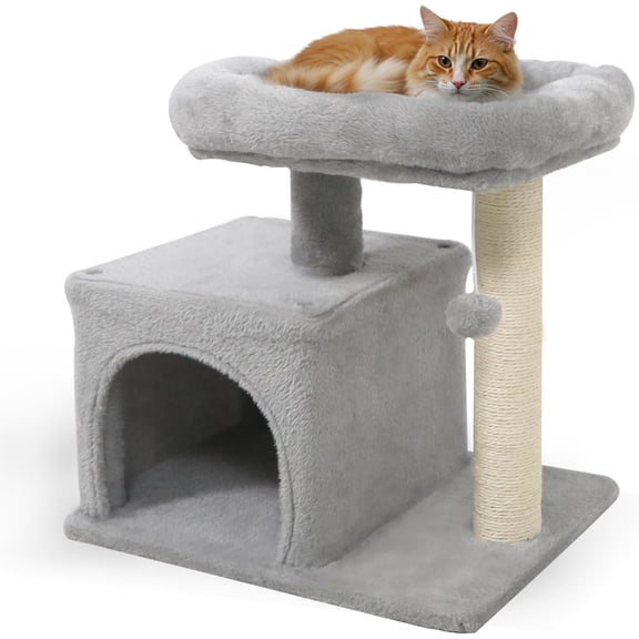 Small Cat Tree for Indoor Cats, Cat Tower with Sisal Scratching Posts, Hanging Pompom, Cat Condo with Large Padded Plush Perch for Small Spaces, Kittens (Light Grey)
